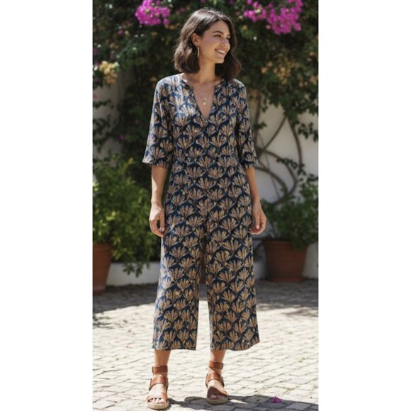 Traffic People Pants - ANTHROPOLOGIE TRAFFIC PEOPLE Metallic Leaf Print Wide Leg Jumpsuit Boho - Size M